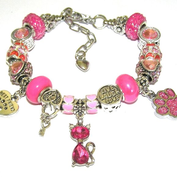 Cat Bracelet With Sparkling Pink Crystal European Beads & Charms, Cat Lover, NEW - Picture 2 of 5
